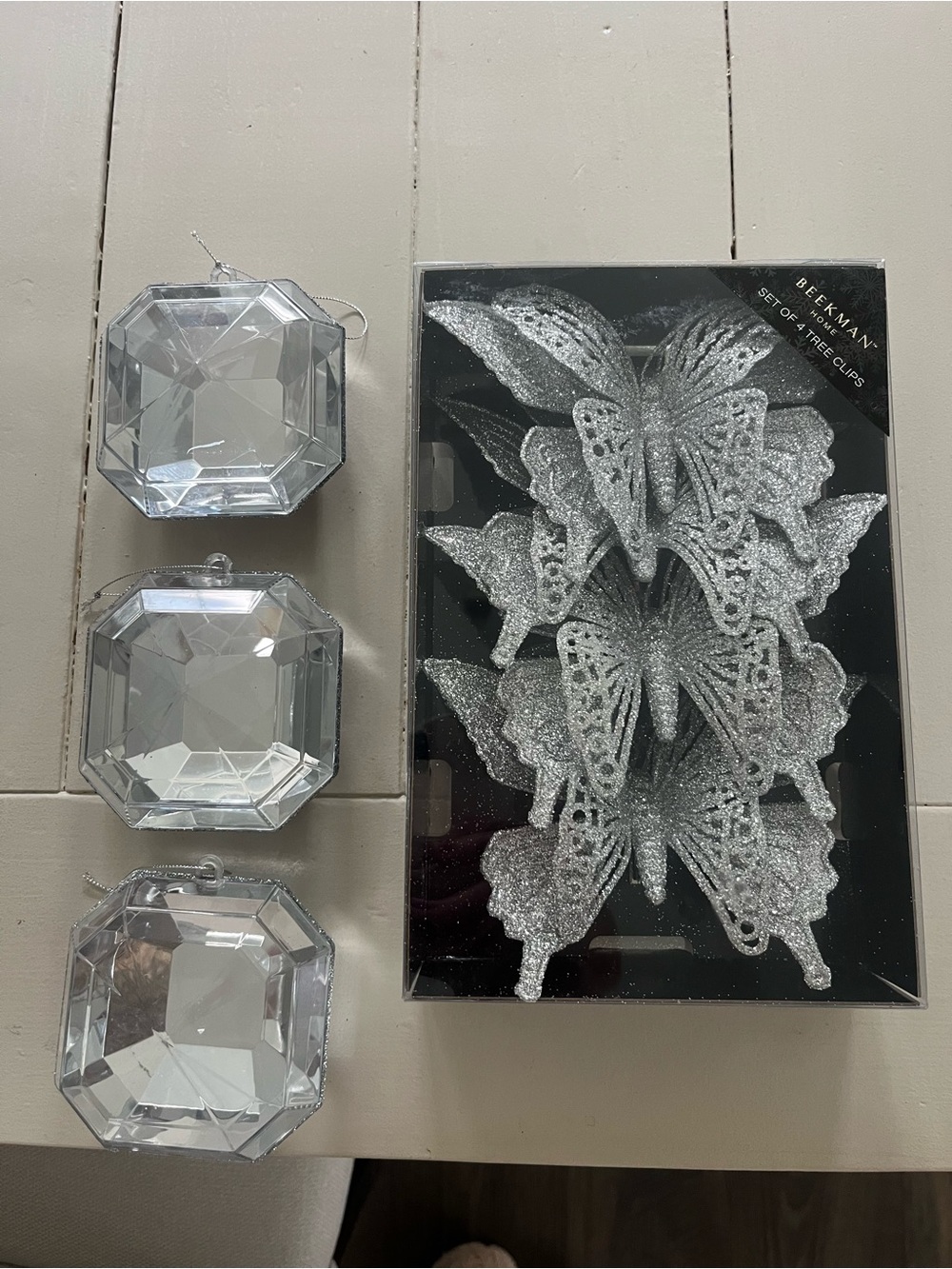 Silver Glitter Butterfly Clips & Clear Faceted Ornaments Set